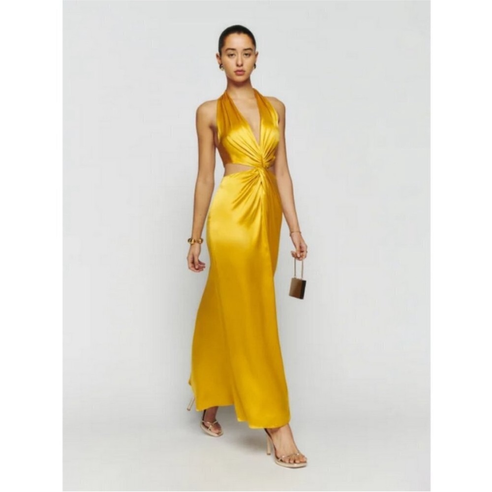 Reformation dress: gold event dress. Halter top (size 4). FRESHLY DRY CLEANED - Picture 5 of 11